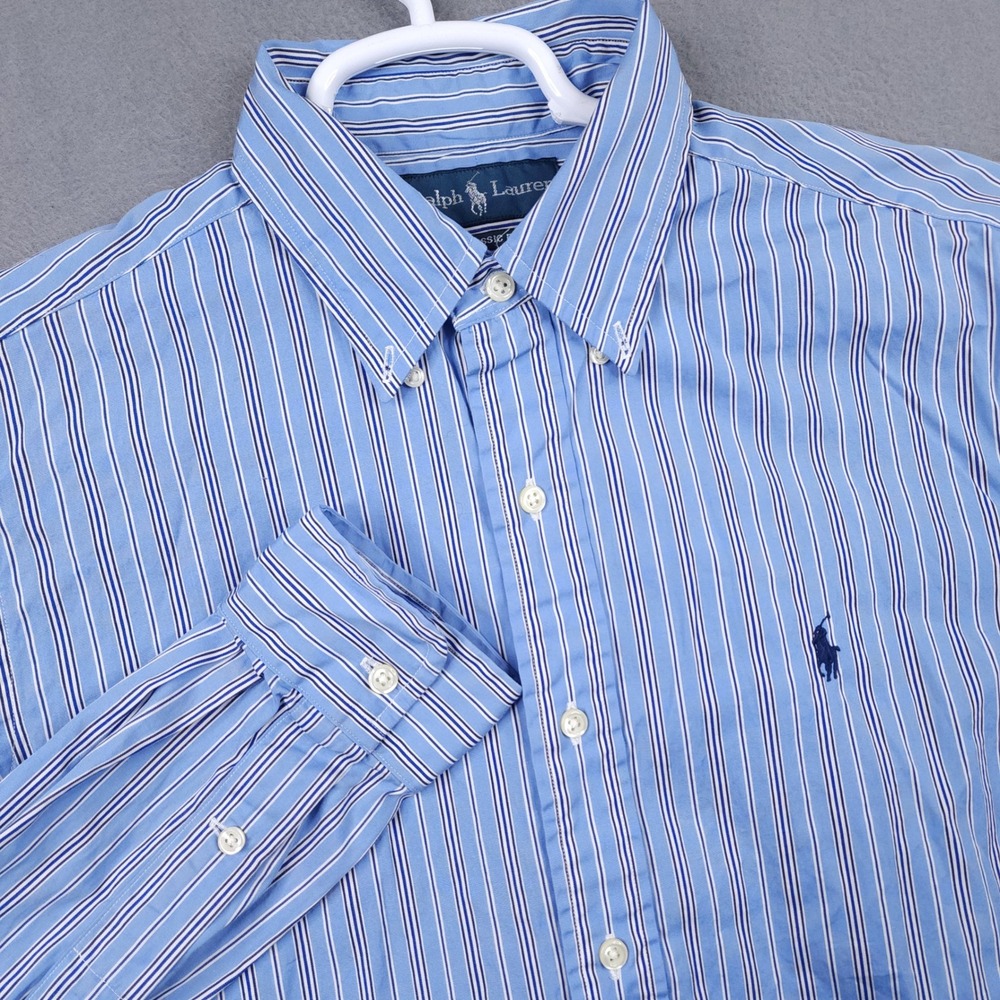 Ralph Lauren Button Down Shirt Mens M Blue Striped Classic Fit Long Sleeve Pony